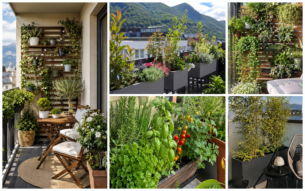 Aménagement d'un petit balcon à Genève avec plantes en pots, mobilier gain de place et décoration naturelle pour profiter d'un espace vert en ville.