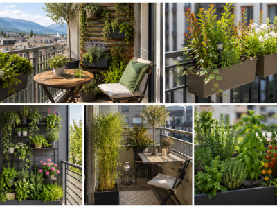 Petit balcon aménagé avec fauteuil confortable, coussins, éclairage d'ambiance et végétation pour créer un véritable havre de paix en ville.