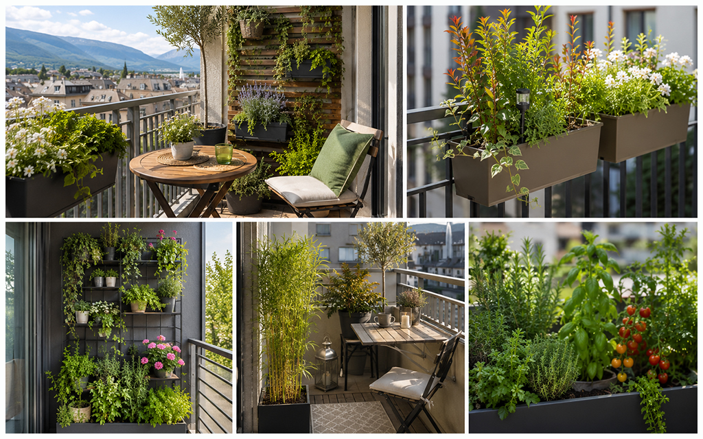 Petit balcon aménagé avec fauteuil confortable, coussins, éclairage d'ambiance et végétation pour créer un véritable havre de paix en ville.