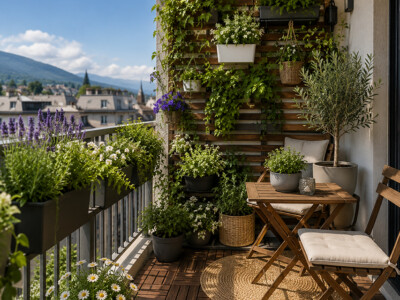 Balcon urbain agrémenté de fleurs, plantes aromatiques et jardinières design pour apporter couleur, biodiversité et fraîcheur à votre extérieur.