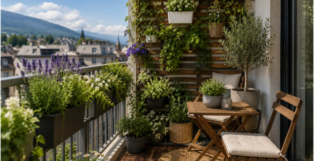 Balcon urbain agrémenté de fleurs, plantes aromatiques et jardinières design pour apporter couleur, biodiversité et fraîcheur à votre extérieur.