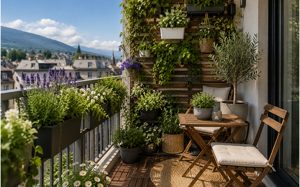 Balcon urbain agrémenté de fleurs, plantes aromatiques et jardinières design pour apporter couleur, biodiversité et fraîcheur à votre extérieur.