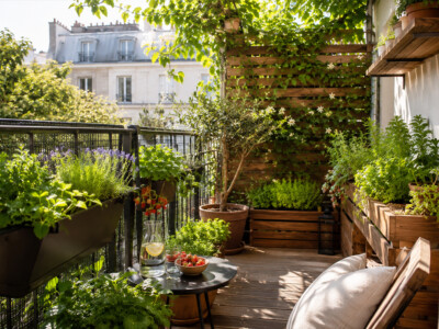 Petit balcon gourmand aménagé avec herbes aromatiques, mini-potager, plantes grimpantes et assise cosy pour profiter de la verdure en ville.
