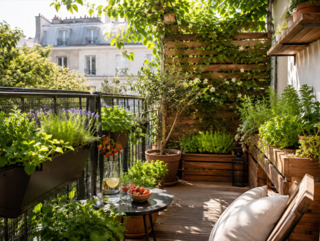 Petit balcon gourmand aménagé avec herbes aromatiques, mini-potager, plantes grimpantes et assise cosy pour profiter de la verdure en ville.