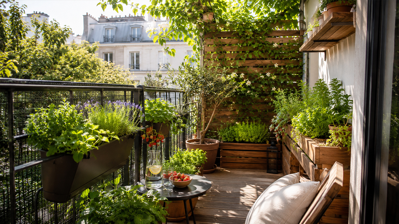 Petit balcon gourmand aménagé avec herbes aromatiques, mini-potager, plantes grimpantes et assise cosy pour profiter de la verdure en ville.