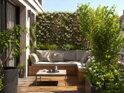 Petite terrasse aménagée avec banquette, bacs contemporains, treillis fleuri et végétation dense pour créer intimité et fraîcheur.