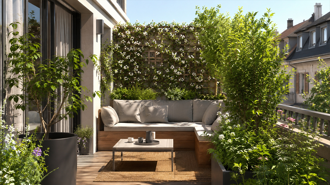 Petite terrasse aménagée avec banquette, bacs contemporains, treillis fleuri et végétation dense pour créer intimité et fraîcheur.