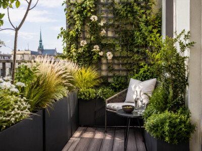 Aménagement d’un petit balcon à Genève avec bacs anthracite, treillis végétalisé, plantes grimpantes et coin détente intimiste.