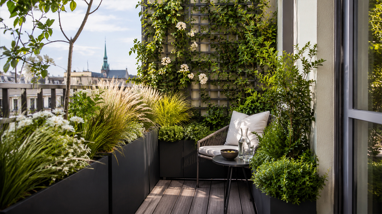 Aménagement d’un petit balcon à Genève avec bacs anthracite, treillis végétalisé, plantes grimpantes et coin détente intimiste.