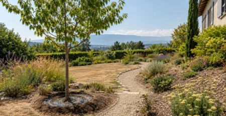 Jardin genevois composé de massifs paillés, de vivaces résistantes et d’un arrosage raisonné pour mieux supporter la sécheresse.