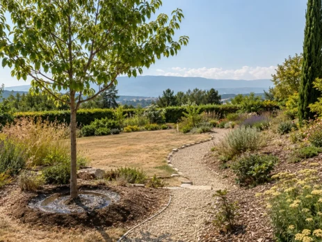 Jardin genevois composé de massifs paillés, de vivaces résistantes et d’un arrosage raisonné pour mieux supporter la sécheresse.