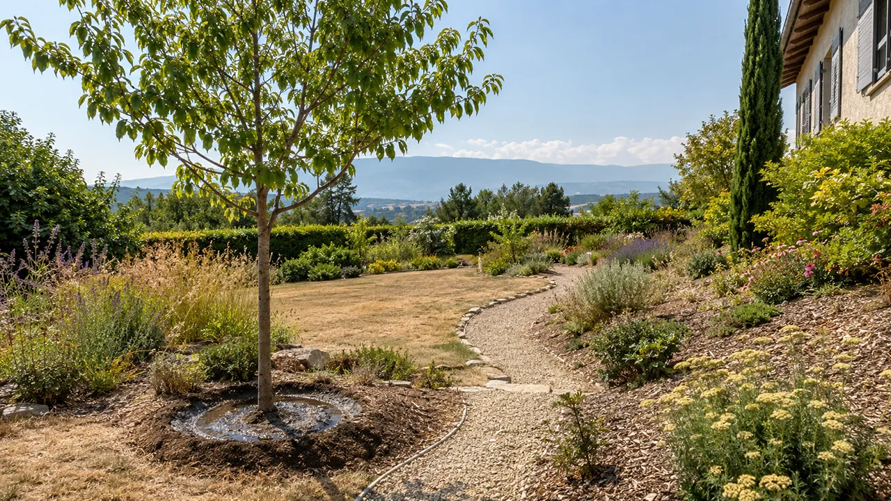Jardin genevois composé de massifs paillés, de vivaces résistantes et d’un arrosage raisonné pour mieux supporter la sécheresse.