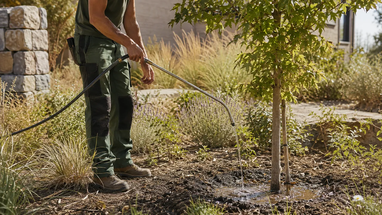 Un jardinier arrose lentement le pied d’un jeune arbre pour humidifier les racines en profondeur tout en économisant l’eau.