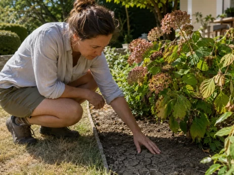 Une jardinière vérifie un sol desséché au pied d’un hortensia afin d’adapter l’arrosage pendant la sécheresse