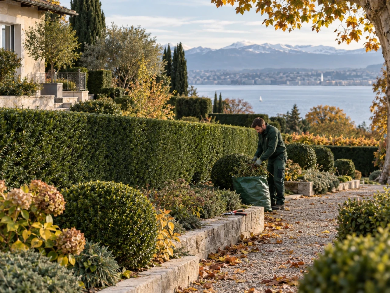 Entretien de haies dans un jardin à Genève avant l’hiver