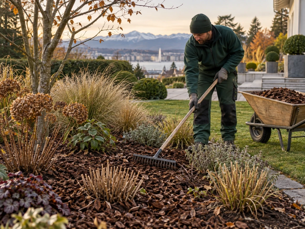 Paillage de massifs dans un jardin à Genève en automne avant l’hiver