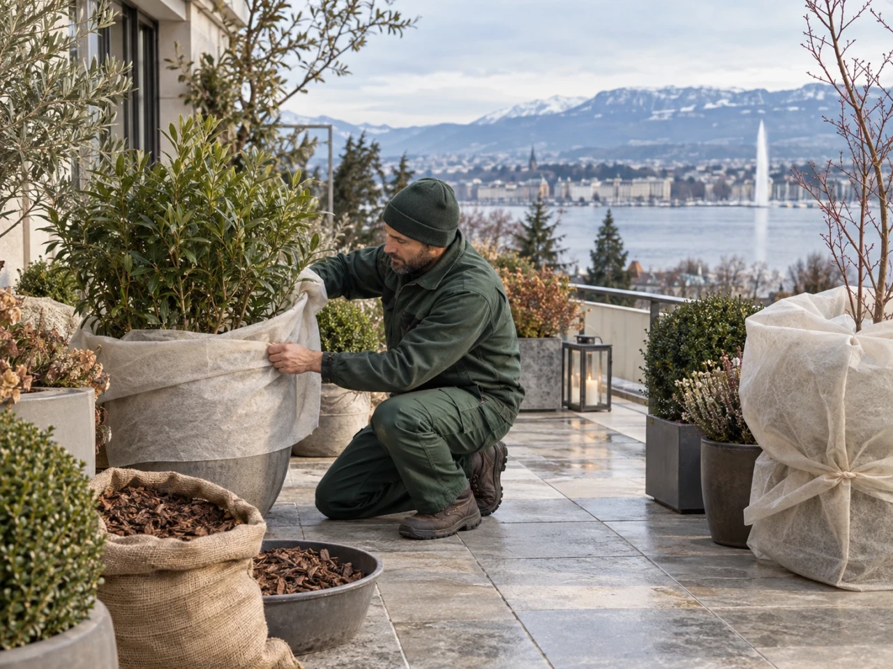 Protection hivernale de plantes en bac sur une terrasse à Genève