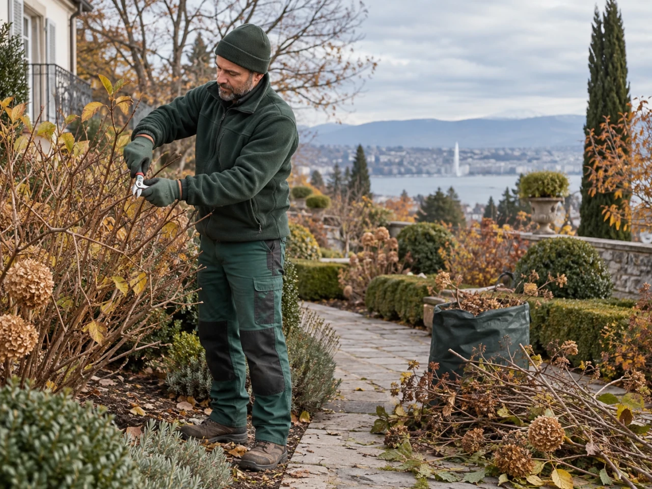 Taille d’arbustes dans un jardin à Genève en automne