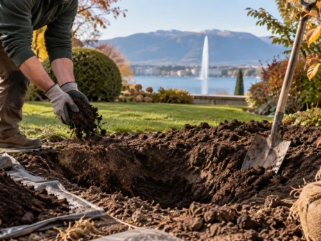Préparation de la terre et de la fosse avant plantation d’un arbre à Genève