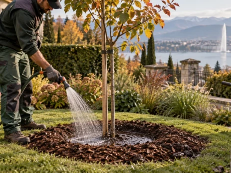 Paysagiste arrosant un jeune arbre fraîchement planté dans un jardin genevois