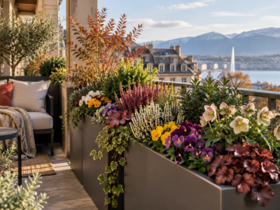 Balcon fleuri à Genève avec plantes en bac adaptées à l’automne et à l’hiver