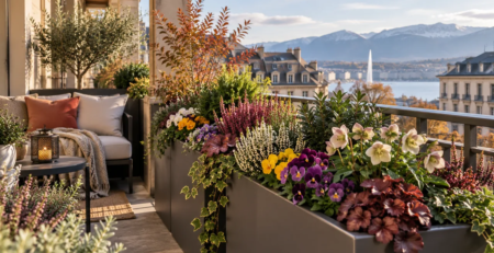 Balcon fleuri à Genève avec plantes en bac adaptées à l’automne et à l’hiver