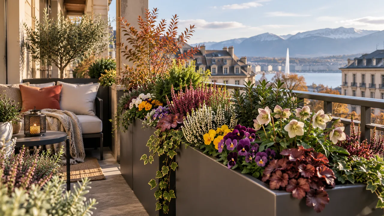 Balcon fleuri à Genève avec plantes en bac adaptées à l’automne et à l’hiver
