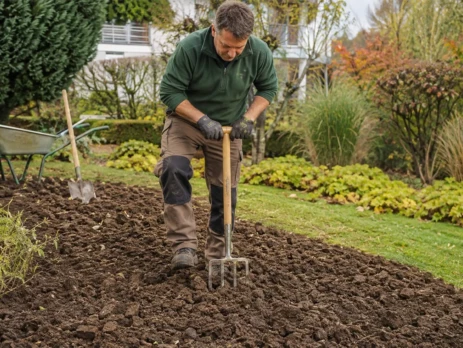 Décompactage de la terre d’un jardin à Genève avec une fourche-bêche