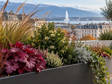 Graminées et feuillages décoratifs dans des bacs sur un balcon genevois en hiver