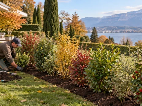 Plantation d’une haie composée d’arbustes variés dans un jardin à Genève