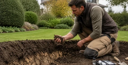 Paysagiste examinant la qualité du sol avant d’aménager un jardin à Genève
