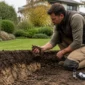 Paysagiste examinant la qualité du sol avant d’aménager un jardin à Genève