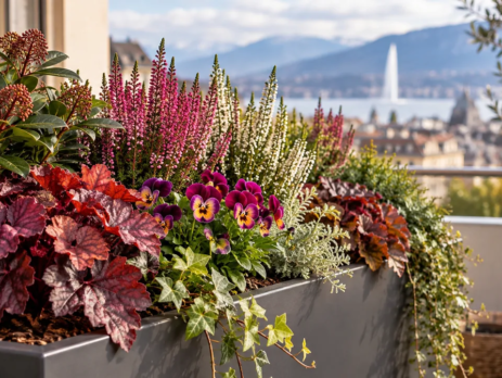 Jardinière d’automne à Genève avec pensées, bruyères et feuillages décoratifs