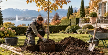 Paysagiste plantant un jeune arbre dans un jardin à Genève en automne