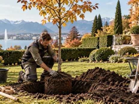 Paysagiste plantant un jeune arbre dans un jardin à Genève en automne