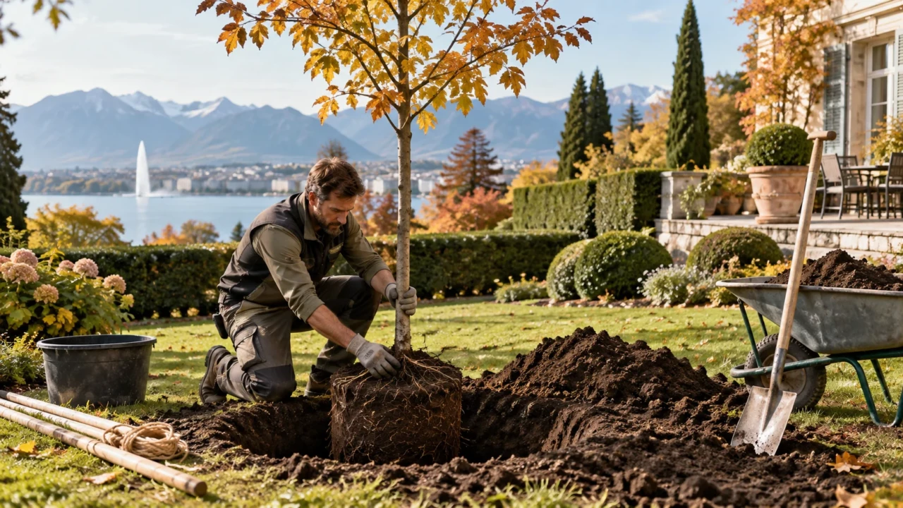 Paysagiste plantant un jeune arbre dans un jardin à Genève en automne