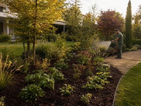 Jardinier arrosant un massif planté après la préparation du sol
