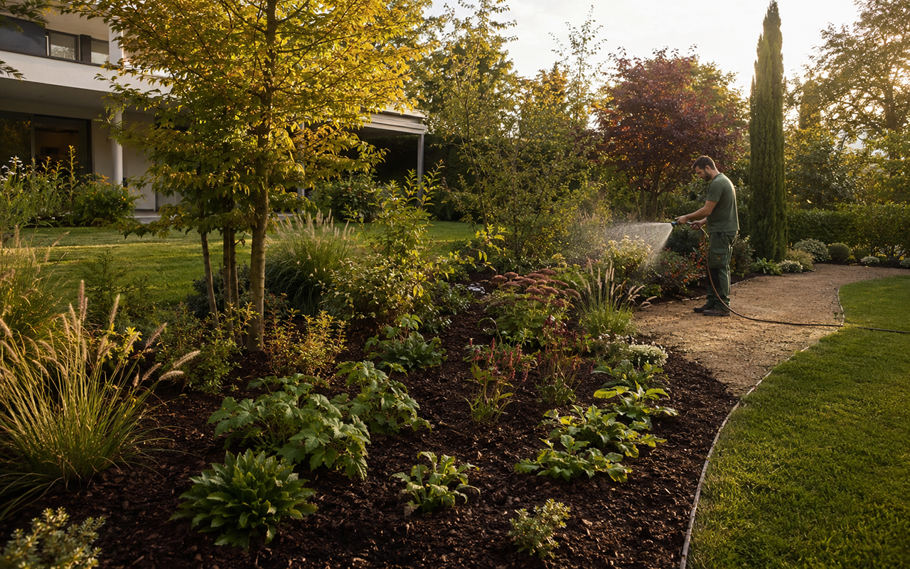 Jardinier arrosant un massif planté après la préparation du sol