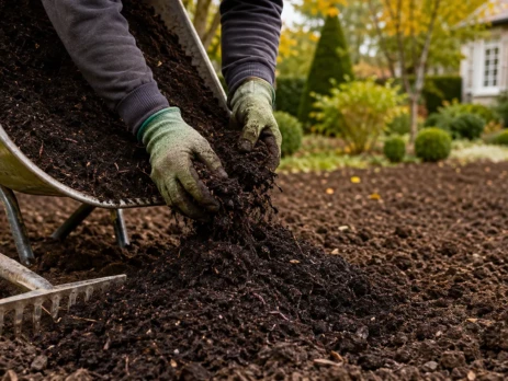 Apport de compost mûr sur la terre d’un jardin genevois