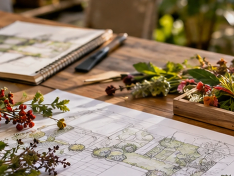 Plan paysager dessiné posé sur une table avec échantillons de végétaux, feuilles et outils de jardin
