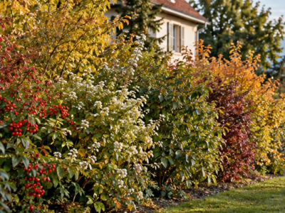 Haie composée de plusieurs arbustes aux feuillages et baies d’automne dans un jardin de villa à Genève