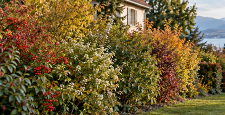 Haie composée de plusieurs arbustes aux feuillages et baies d’automne dans un jardin de villa à Genève