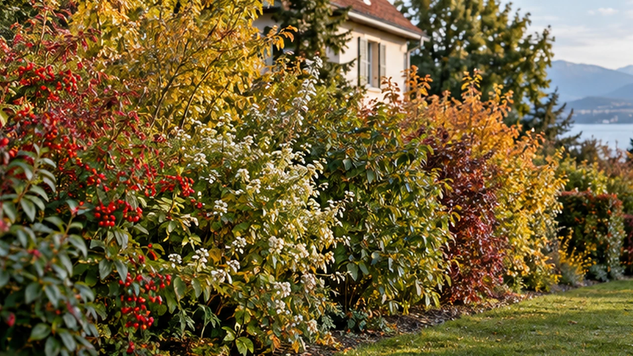 Haie composée de plusieurs arbustes aux feuillages et baies d’automne dans un jardin de villa à Genève