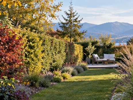 Allée et pelouse de jardin résidentiel bordées de massifs et d’arbustes colorés à l’automne