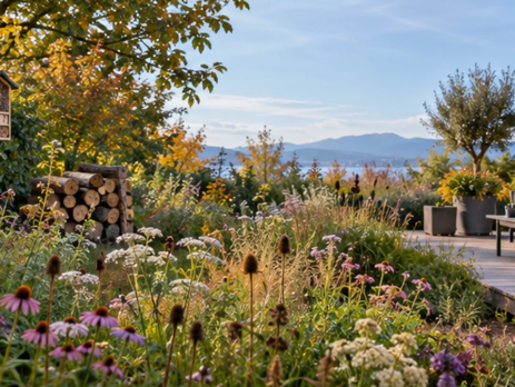 Jardin naturaliste avec plantes fleuries, petit abri pour insectes et tas de bois près d’une terrasse