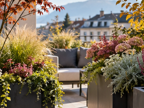 Terrasse urbaine avec grands bacs contemporains, vivaces fleuries et arbustes décoratifs en automne